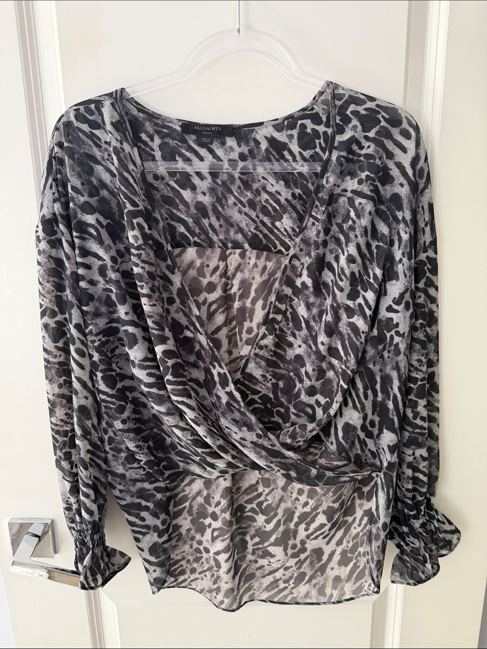 All Saints Black and Gray Animal Print Draped Wrap hi-lo Blouse